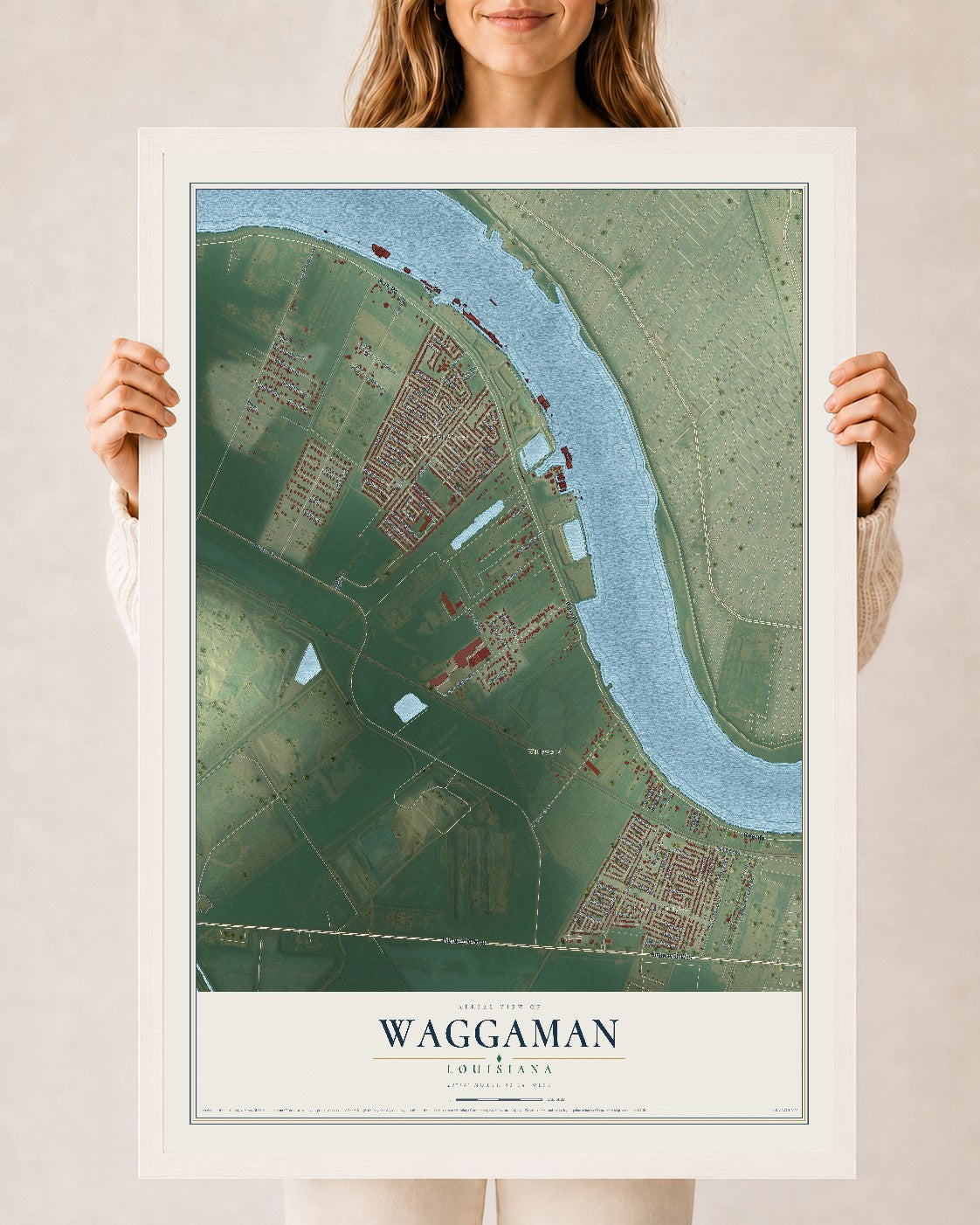 Map of Waggaman, Louisiana, 24 x 36 inch print in a white wood frame