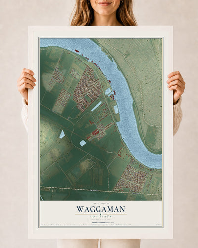 Map of Waggaman, Louisiana, 24 x 36 inch print in a white wood frame