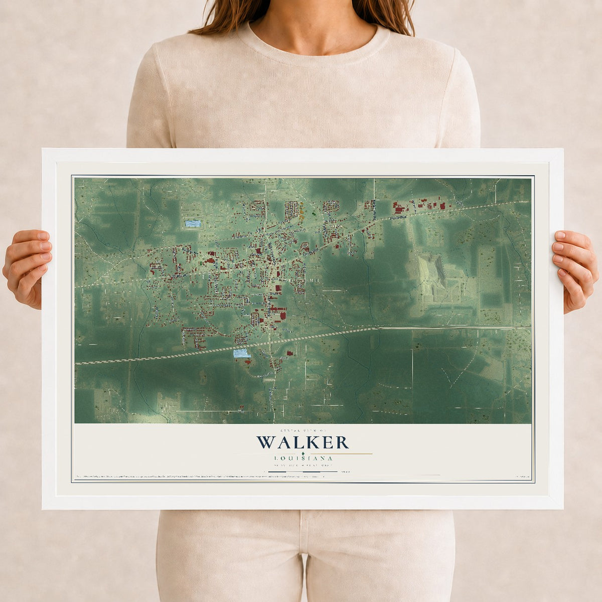 Map of Walker, Louisiana, 12 x 18 inch print in a white wood frame