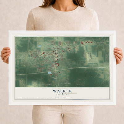 Map of Walker, Louisiana, 12 x 18 inch print in a white wood frame
