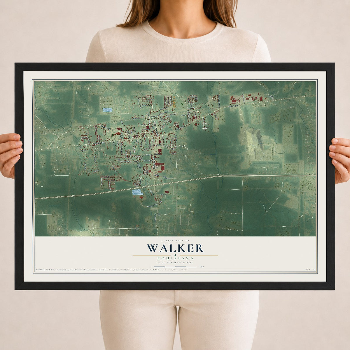 Map of Walker, Louisiana, 18 x 24 inch print in a black wood frame