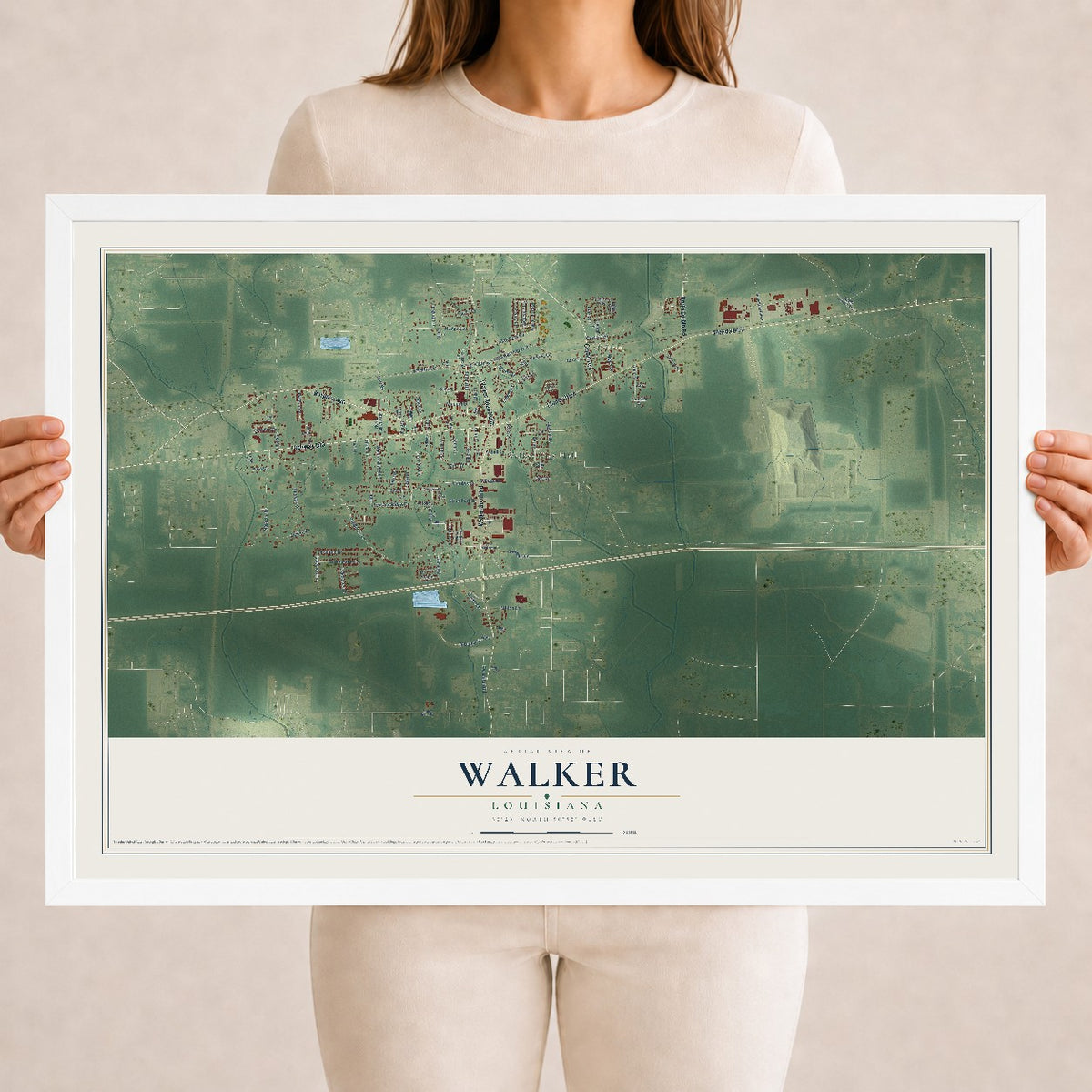 Map of Walker, Louisiana, 18 x 24 inch print in a white wood frame
