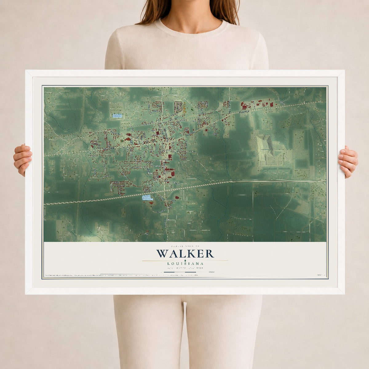 Map of Walker, Louisiana, 24 x 36 inch print in a white wood frame