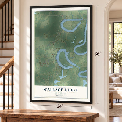 Wallace Ridge, Louisiana map, 24 x 36 inch print in a black frame by a staircase