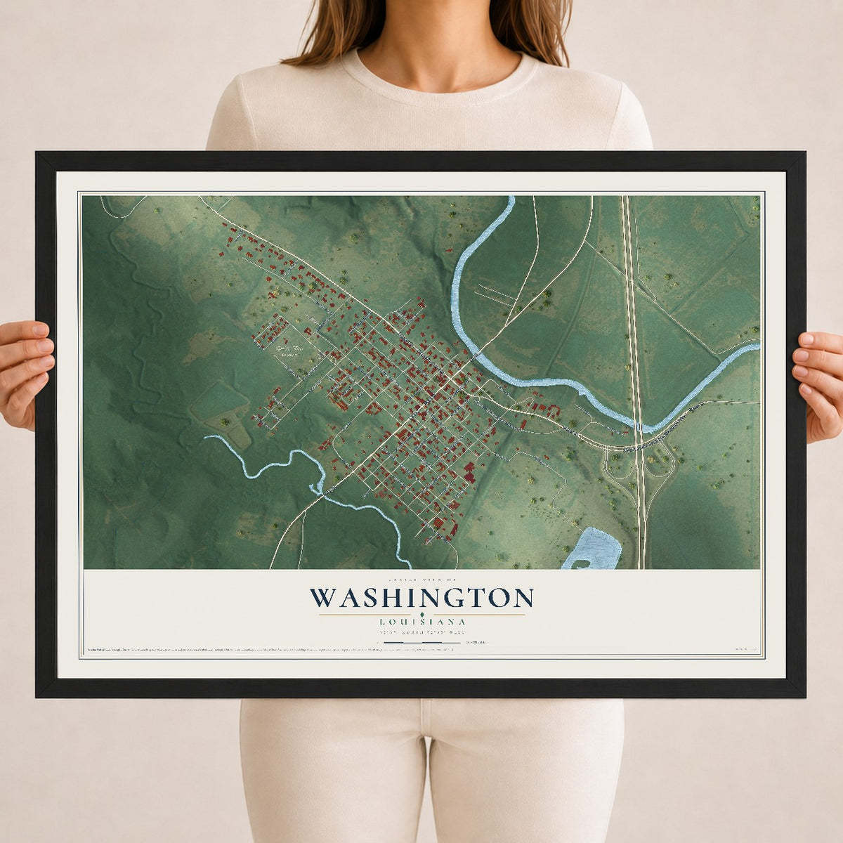 Map of Washington, Louisiana, 18 x 24 inch print in a black wood frame