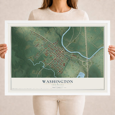 Map of Washington, Louisiana, 18 x 24 inch print in a white wood frame