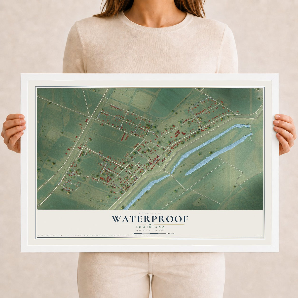 Map of Waterproof, Louisiana, 12 x 18 inch print in a white wood frame