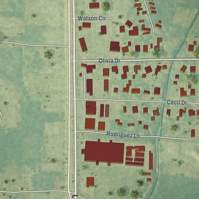 Close-up of the map of Watson, Louisiana print showing street and building detail