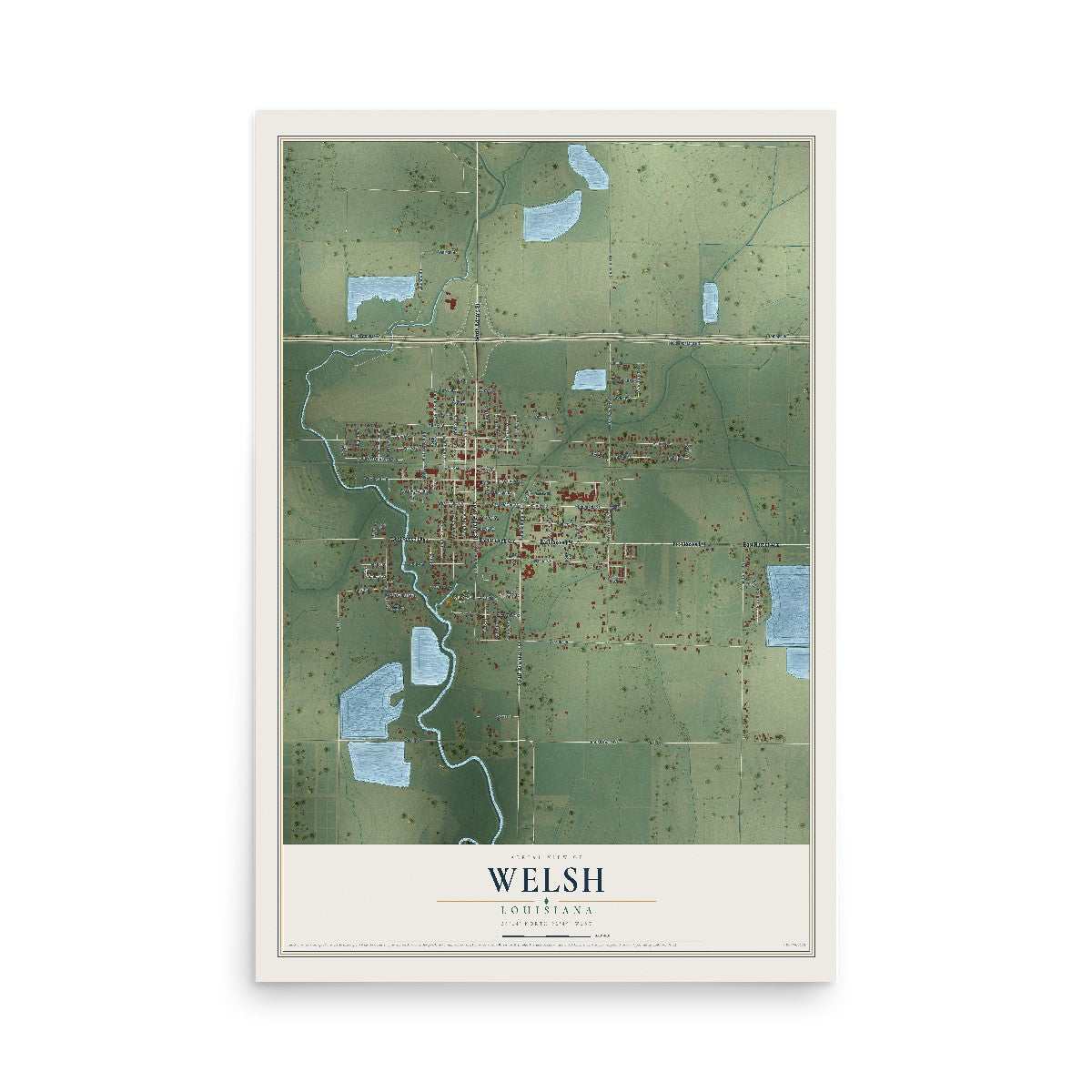 Map of Welsh, Louisiana, 12 x 18 inch unframed archival matte print