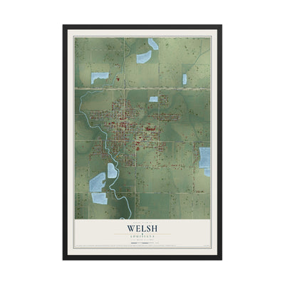 Map of Welsh, Louisiana, 12 x 18 inch print in a black wood frame