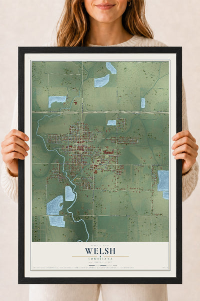 Map of Welsh, Louisiana, 18 x 24 inch print in a black wood frame