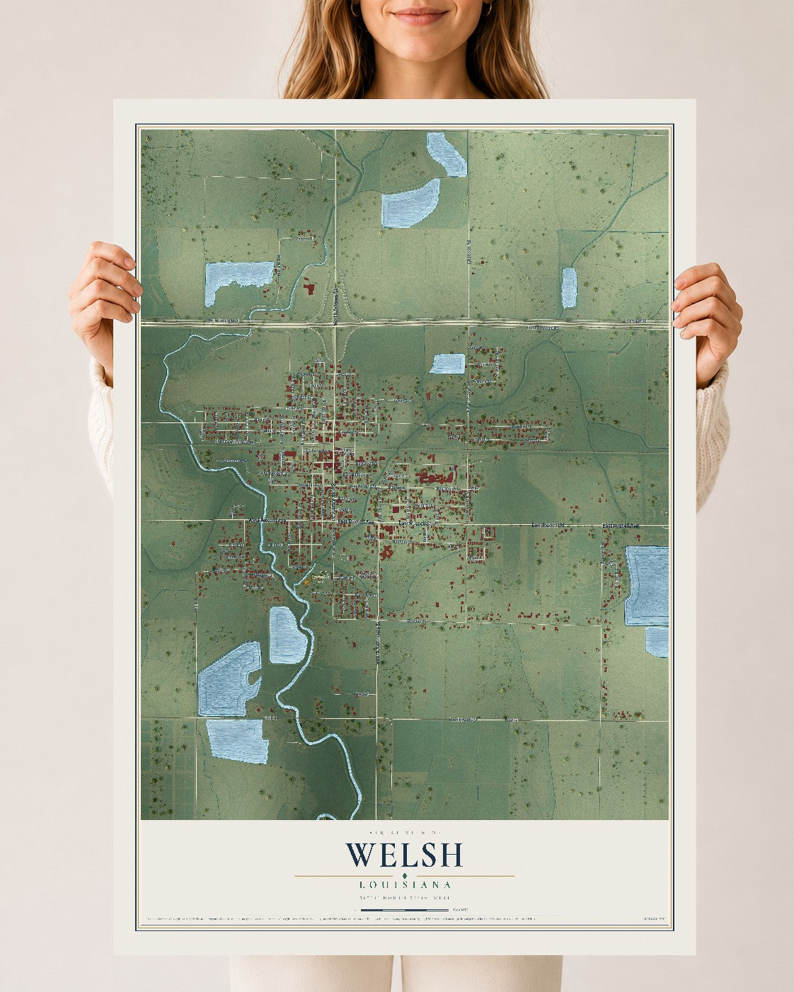 Map of Welsh, Louisiana, 24 x 36 inch unframed archival matte print