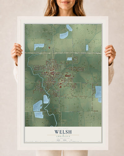 Map of Welsh, Louisiana, 24 x 36 inch print in a white wood frame