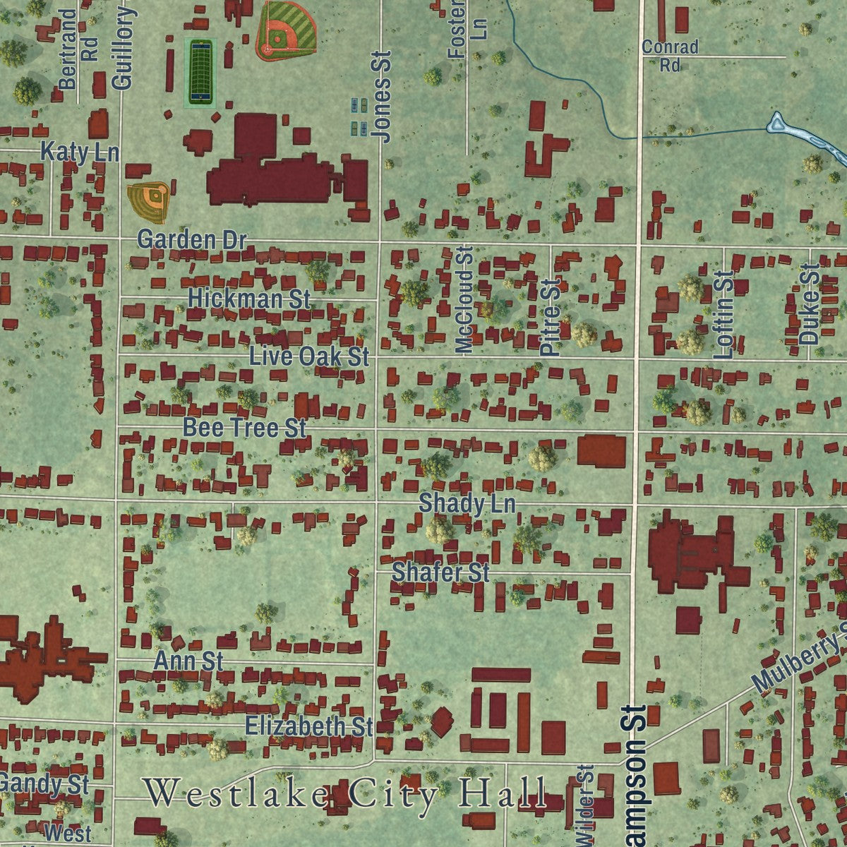 Close-up of the map of Westlake, Louisiana print showing street and building detail