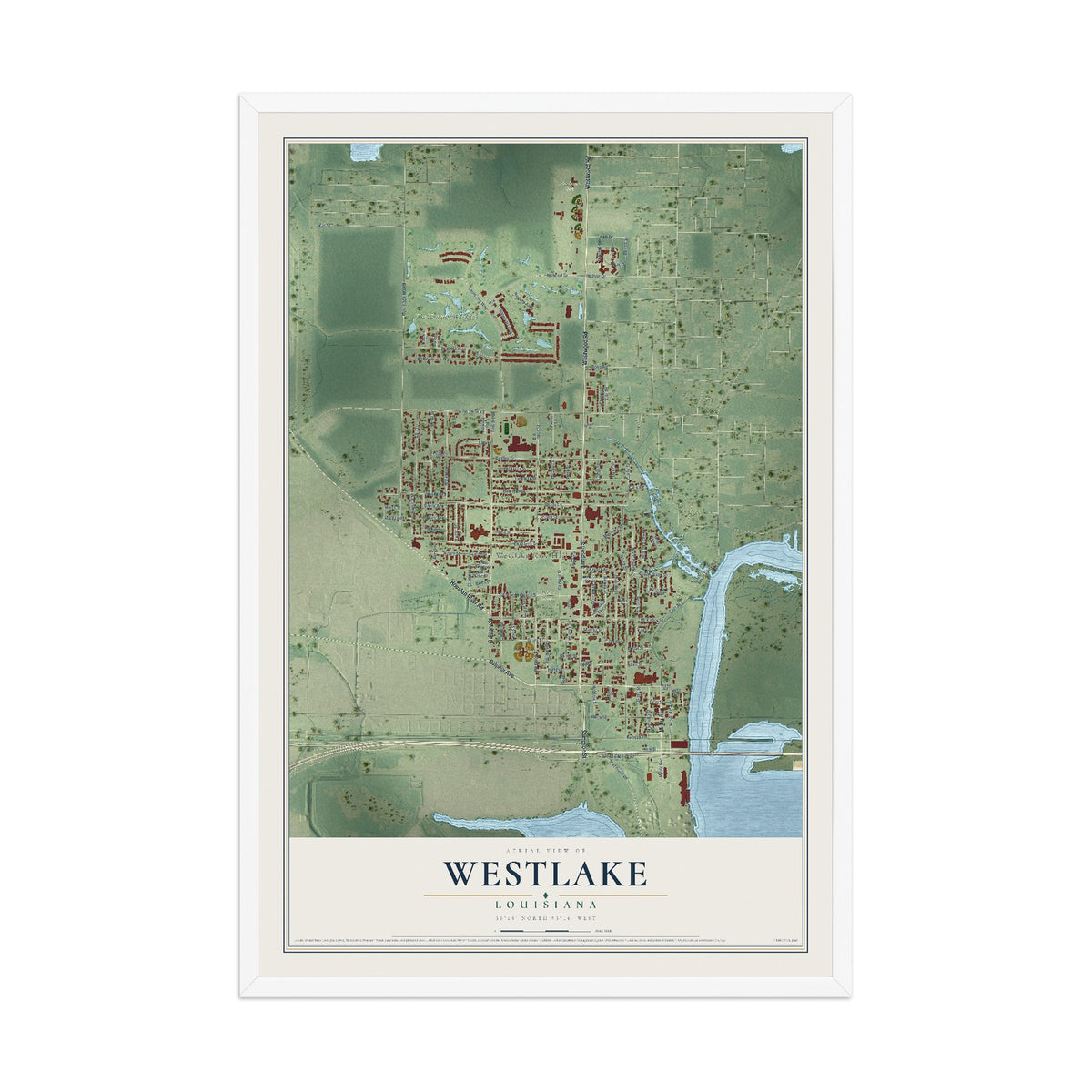 Map of Westlake, Louisiana, 12 x 18 inch print in a white wood frame