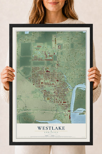 Map of Westlake, Louisiana, 18 x 24 inch print in a black wood frame