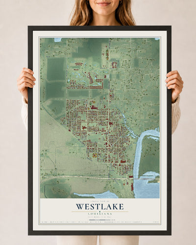 Map of Westlake, Louisiana, 24 x 36 inch print in a black wood frame