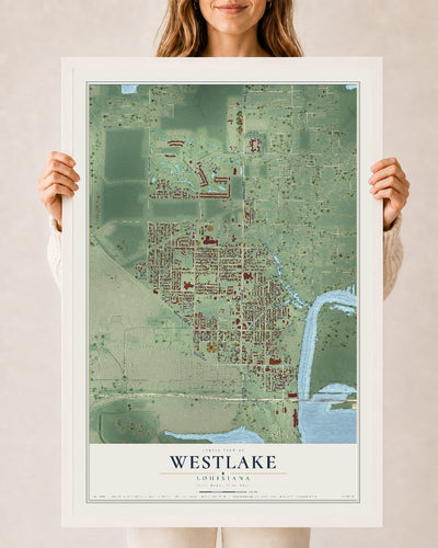 Map of Westlake, Louisiana, 24 x 36 inch print in a white wood frame