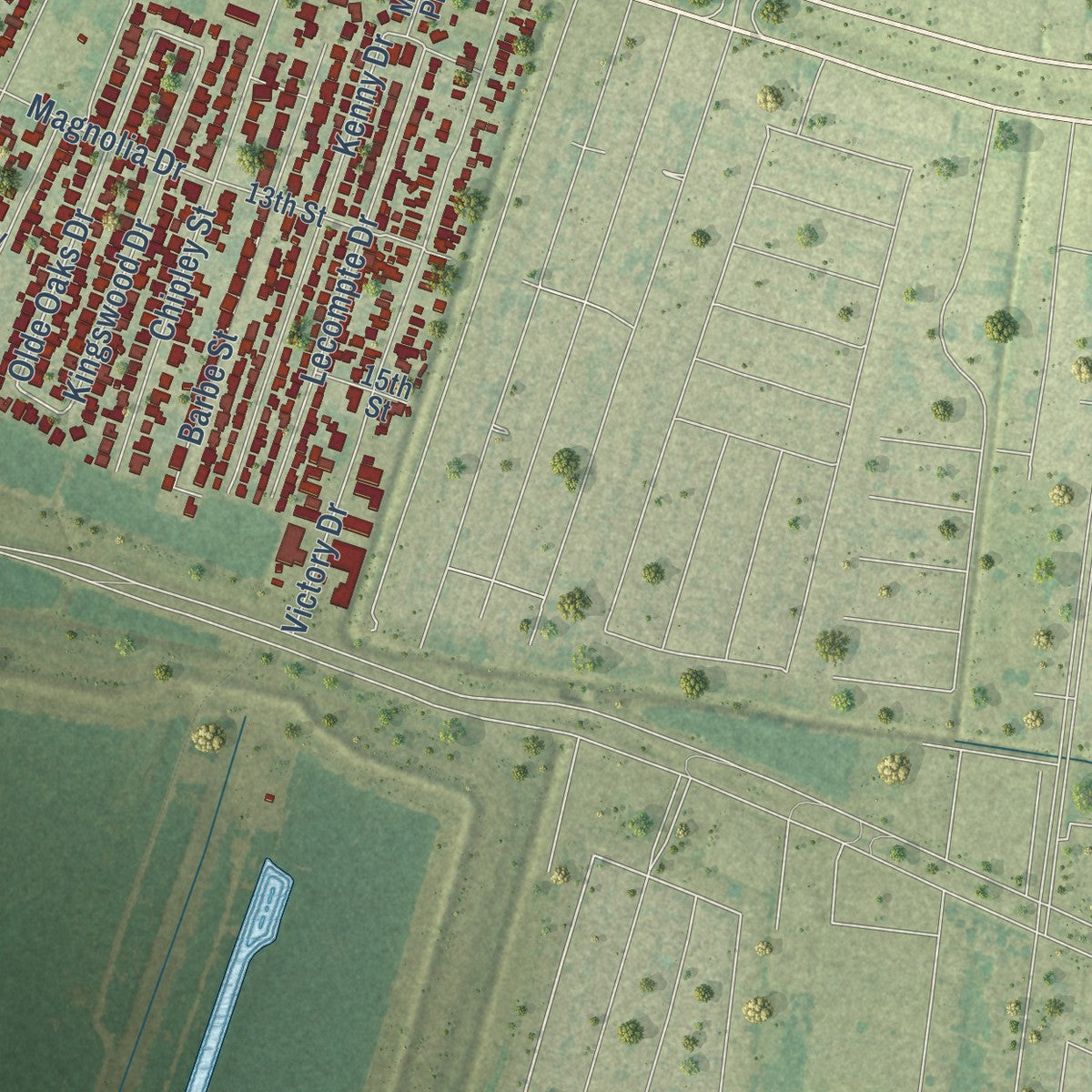 Second close-up of the map of Westwego, Louisiana print showing more streets and buildings