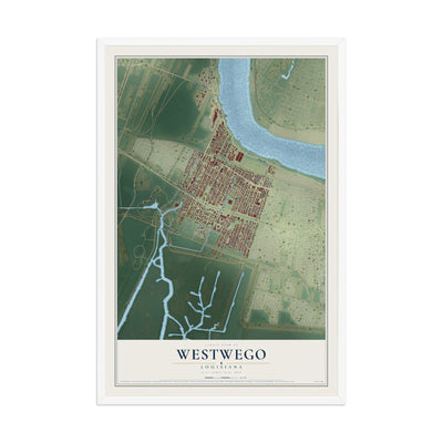 Map of Westwego, Louisiana, 12 x 18 inch print in a white wood frame