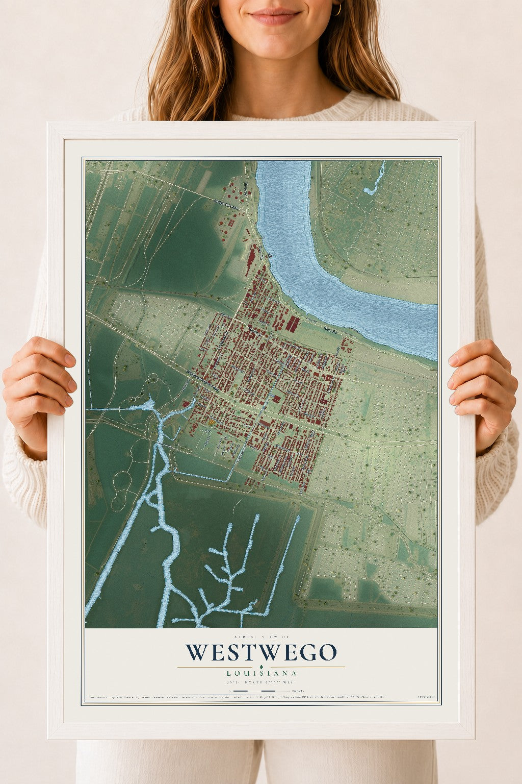 Map of Westwego, Louisiana, 18 x 24 inch print in a white wood frame