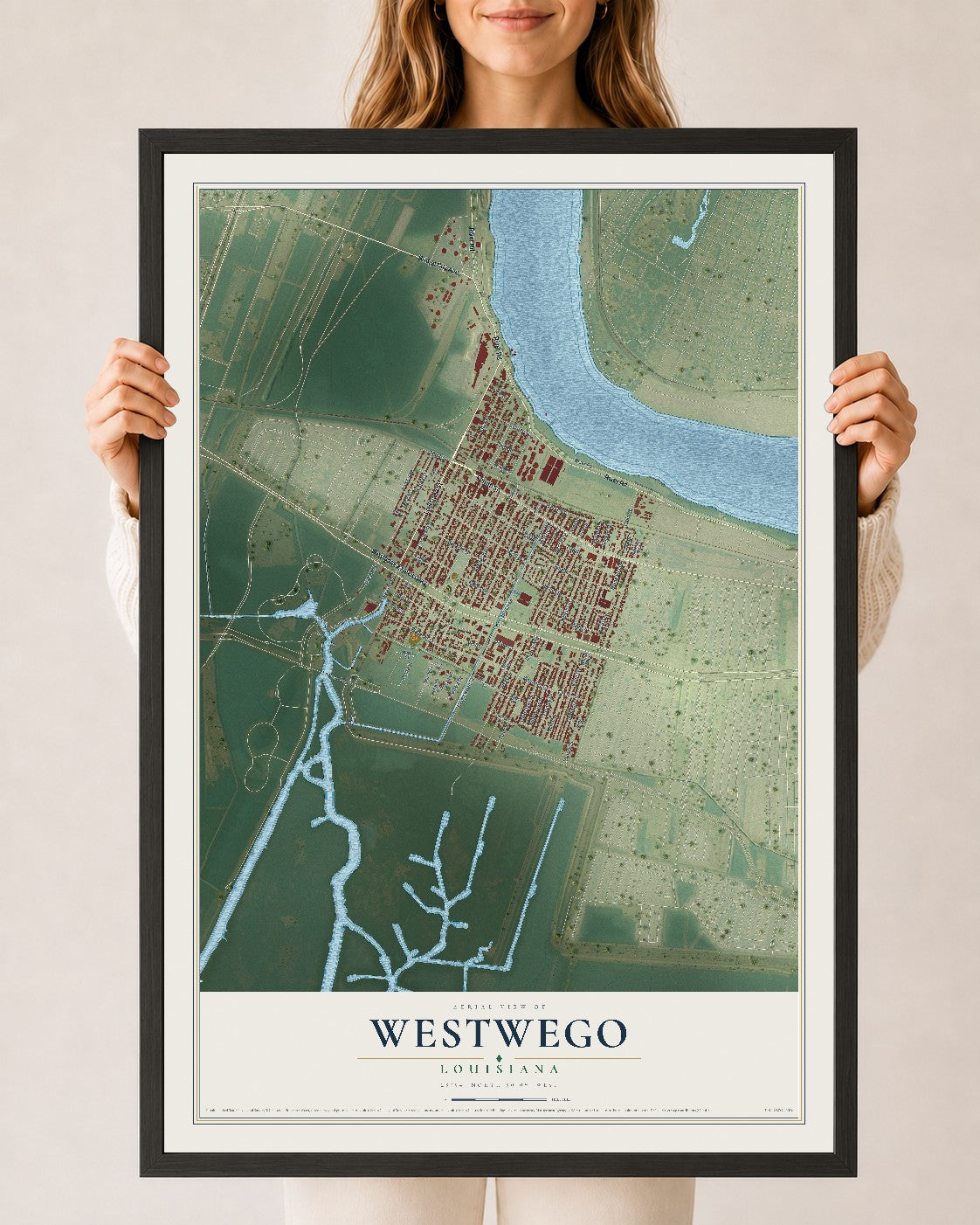 Map of Westwego, Louisiana, 24 x 36 inch print in a black wood frame