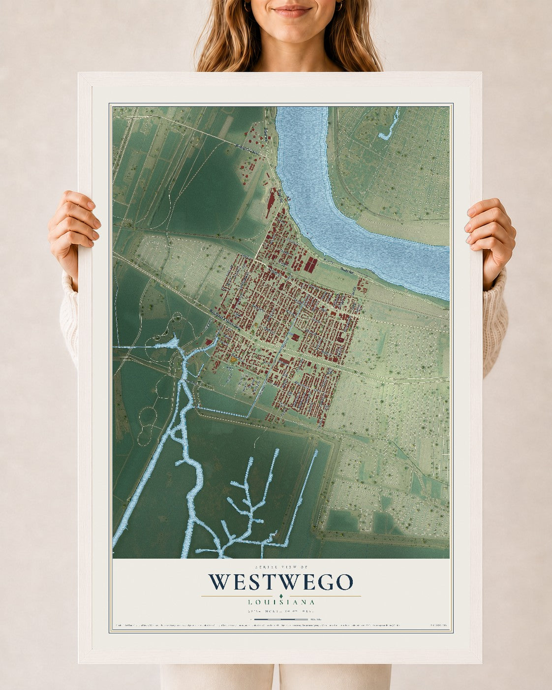 Map of Westwego, Louisiana, 24 x 36 inch print in a white wood frame