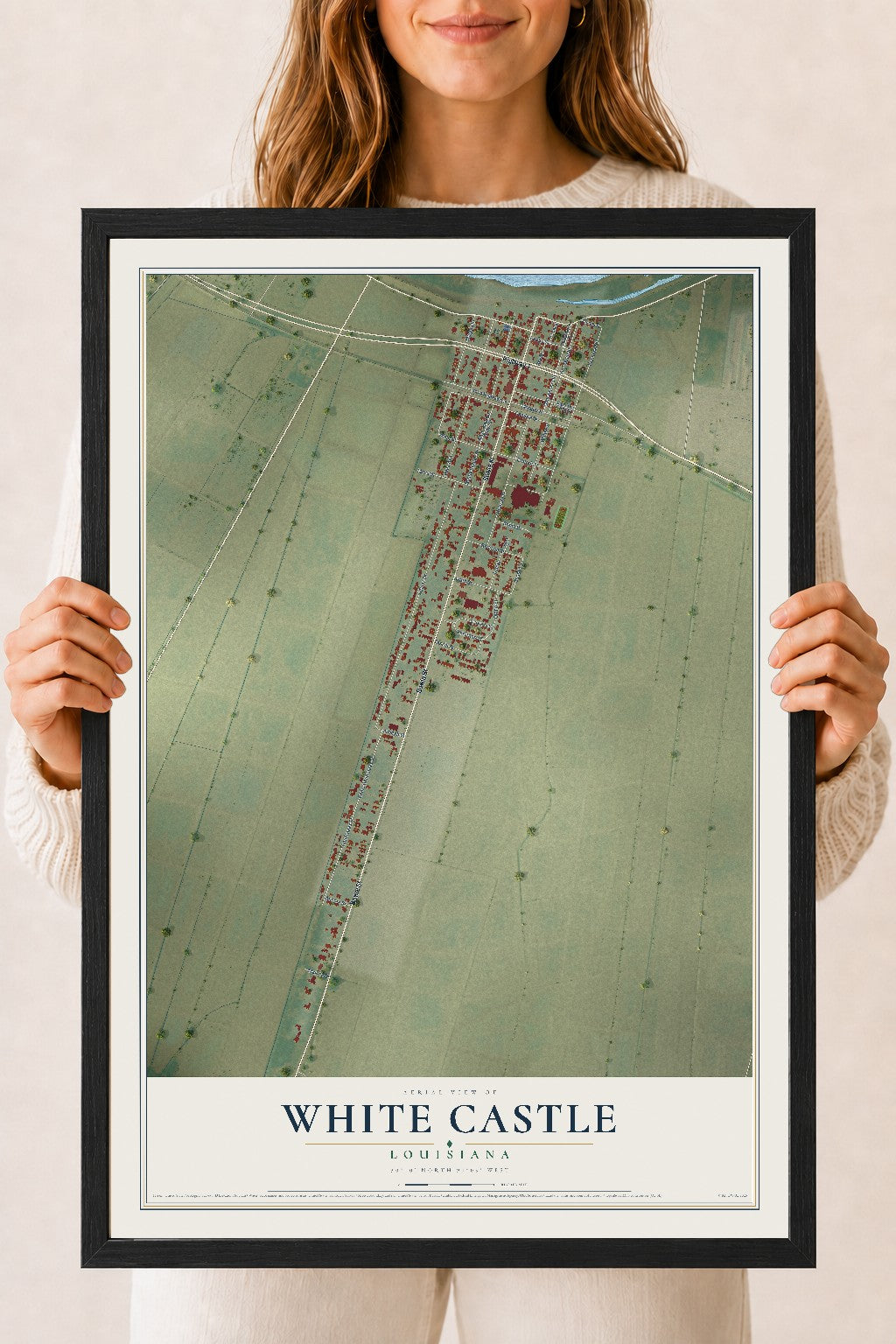 Map of White Castle, Louisiana, 18 x 24 inch print in a black wood frame