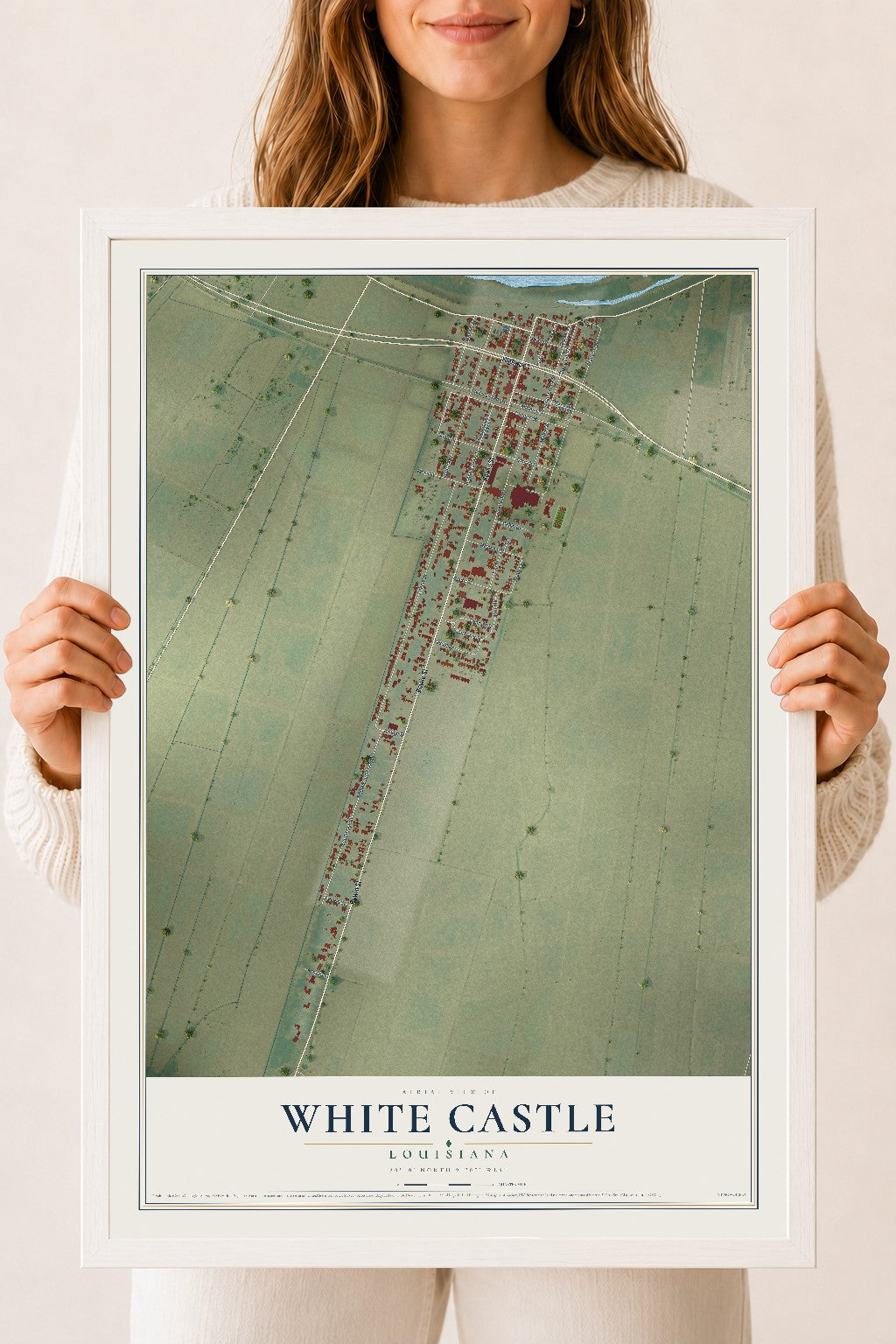 Map of White Castle, Louisiana, 18 x 24 inch print in a white wood frame