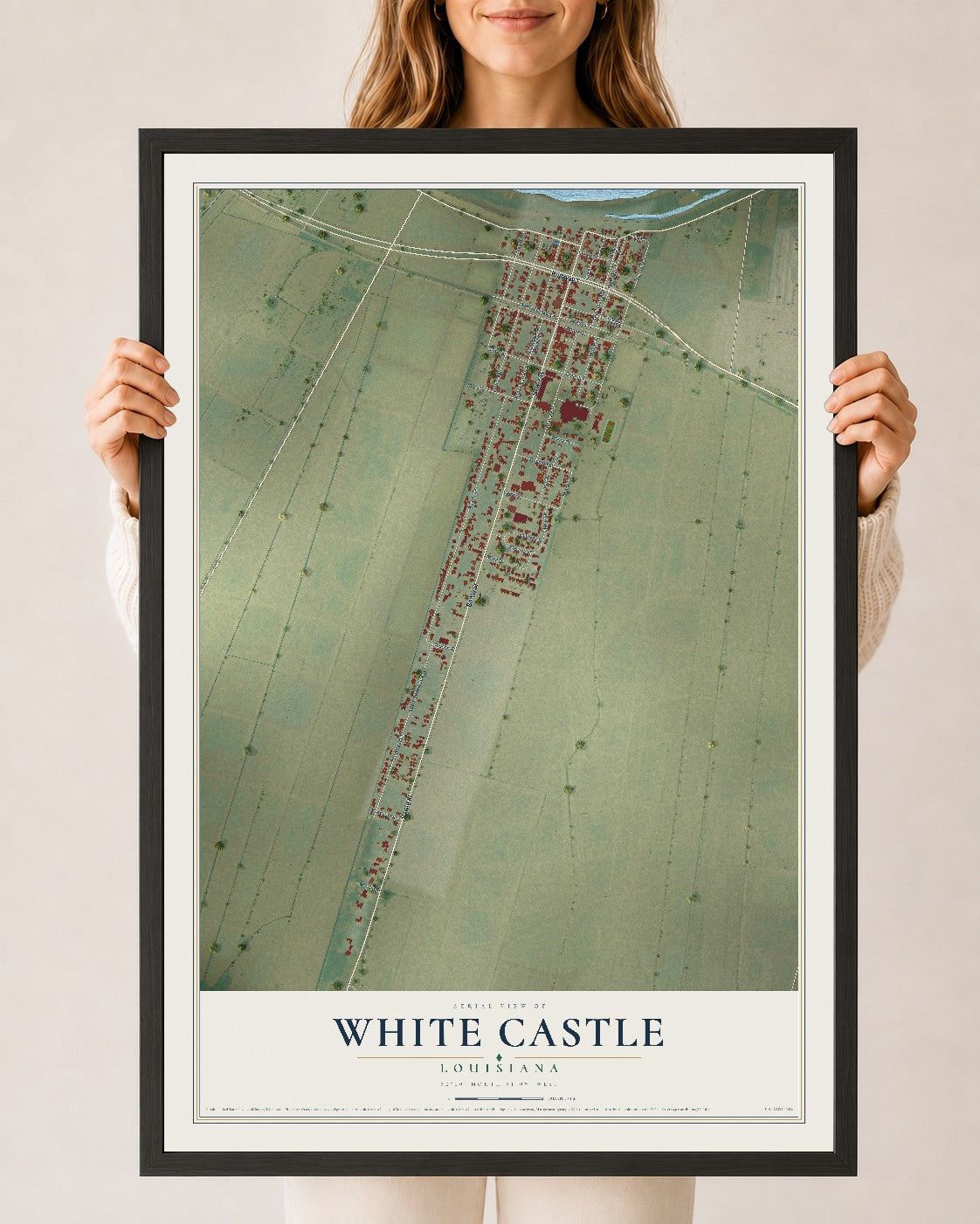 Map of White Castle, Louisiana, 24 x 36 inch print in a black wood frame