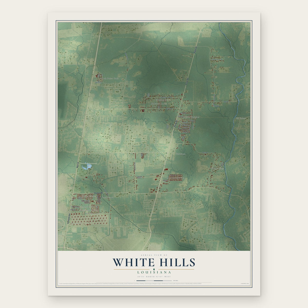 White Hills, Louisiana map print, the full design