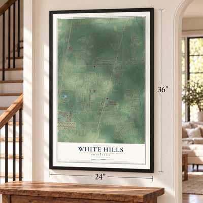 White Hills, Louisiana map, 24 x 36 inch print in a black frame by a staircase