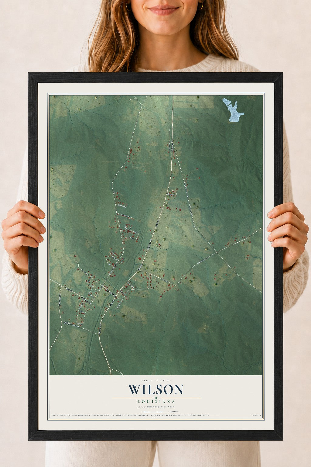 Map of Wilson, Louisiana, 18 x 24 inch print in a black wood frame