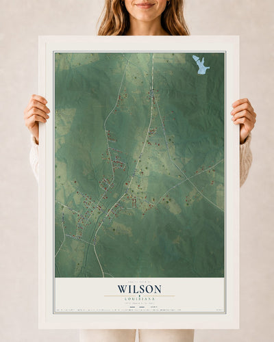 Map of Wilson, Louisiana, 24 x 36 inch print in a white wood frame