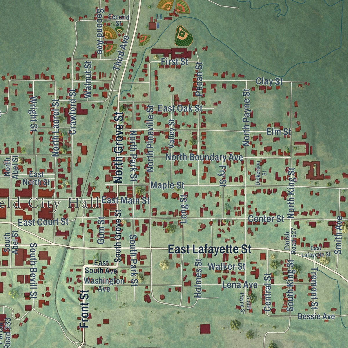 Close-up of the map of Winnfield, Louisiana print showing street and building detail