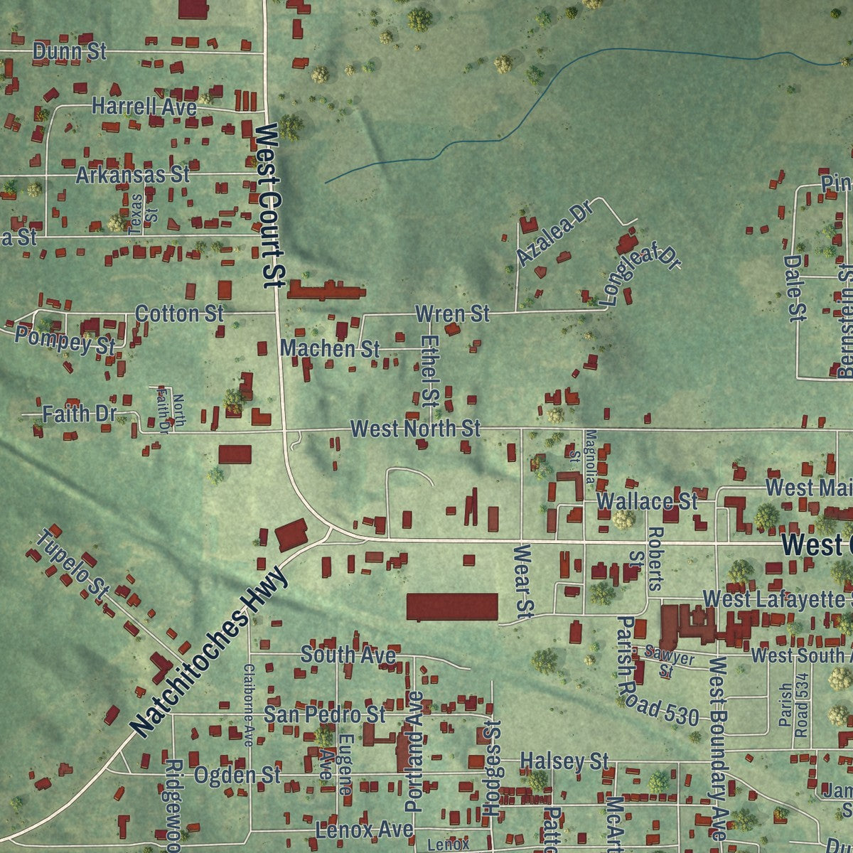 Second close-up of the map of Winnfield, Louisiana print showing more streets and buildings