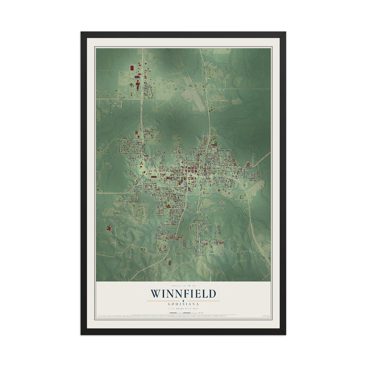 Map of Winnfield, Louisiana, 12 x 18 inch print in a black wood frame