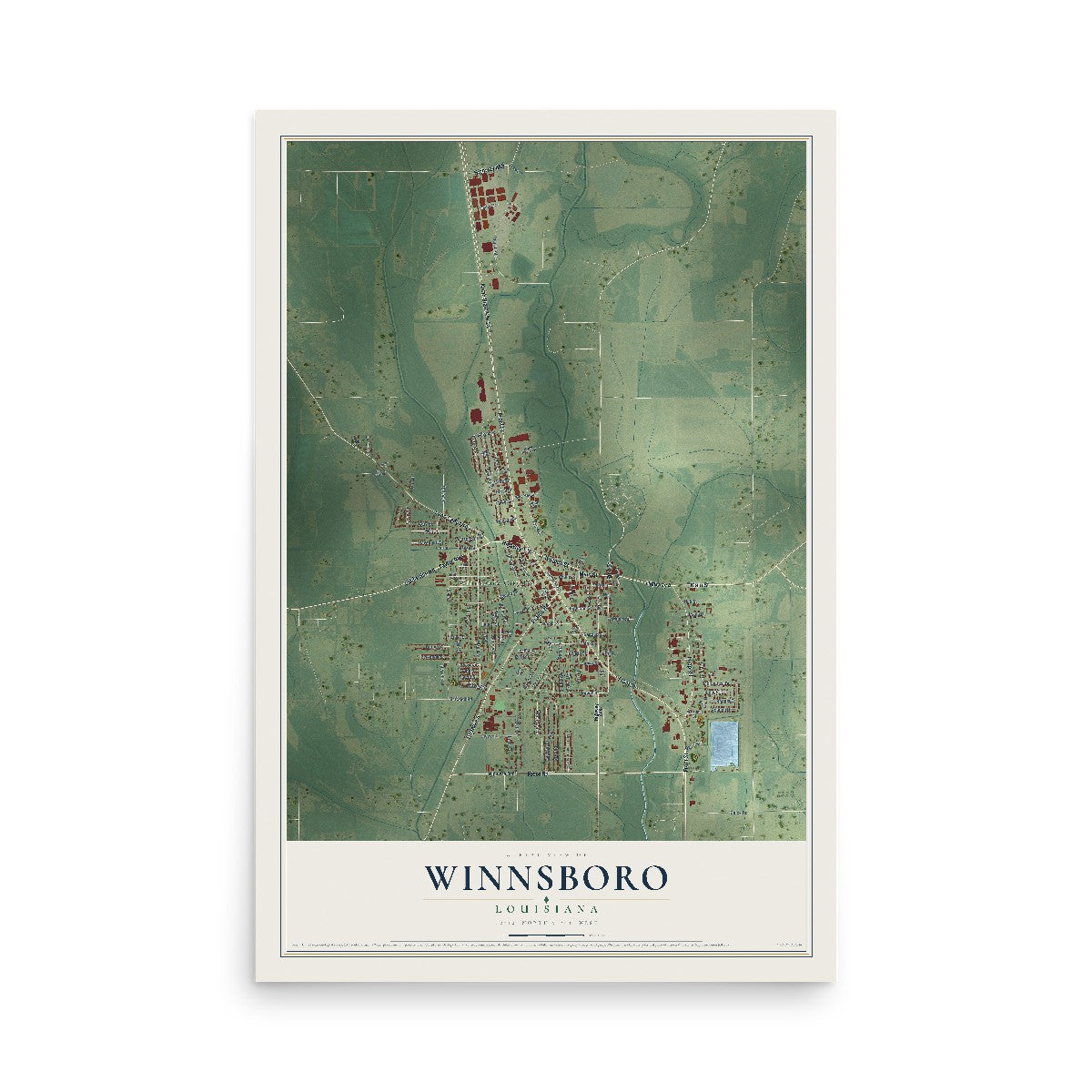Map of Winnsboro, Louisiana, 12 x 18 inch unframed archival matte print