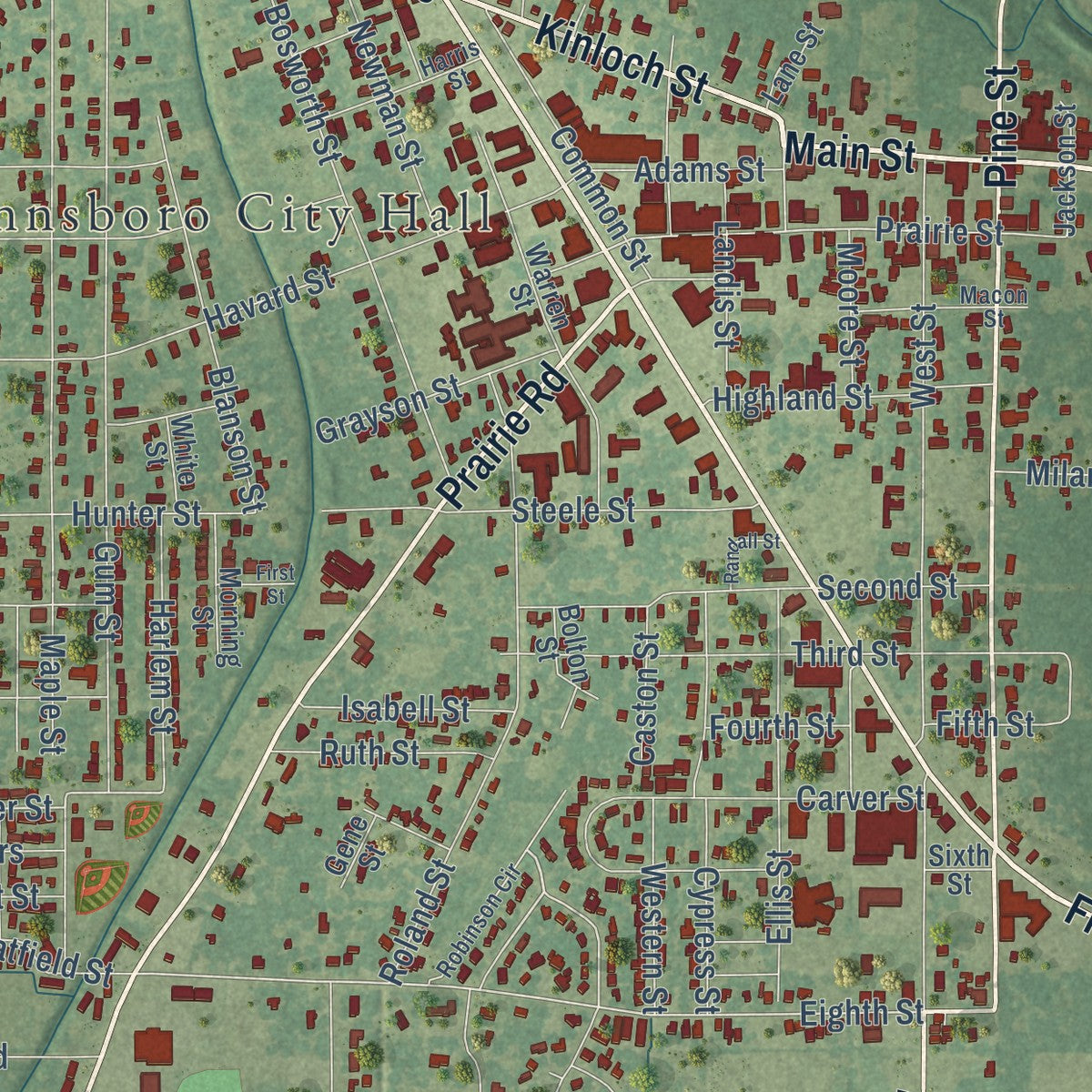 Close-up of the map of Winnsboro, Louisiana print showing street and building detail