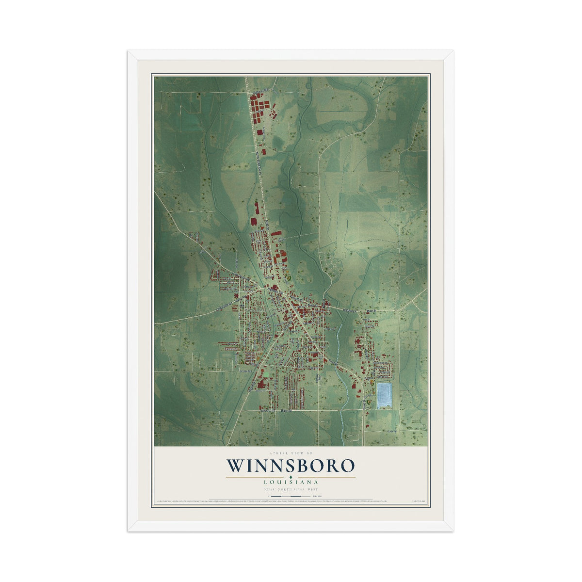 Map of Winnsboro, Louisiana, 12 x 18 inch print in a white wood frame