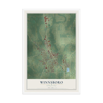 Map of Winnsboro, Louisiana, 12 x 18 inch print in a white wood frame