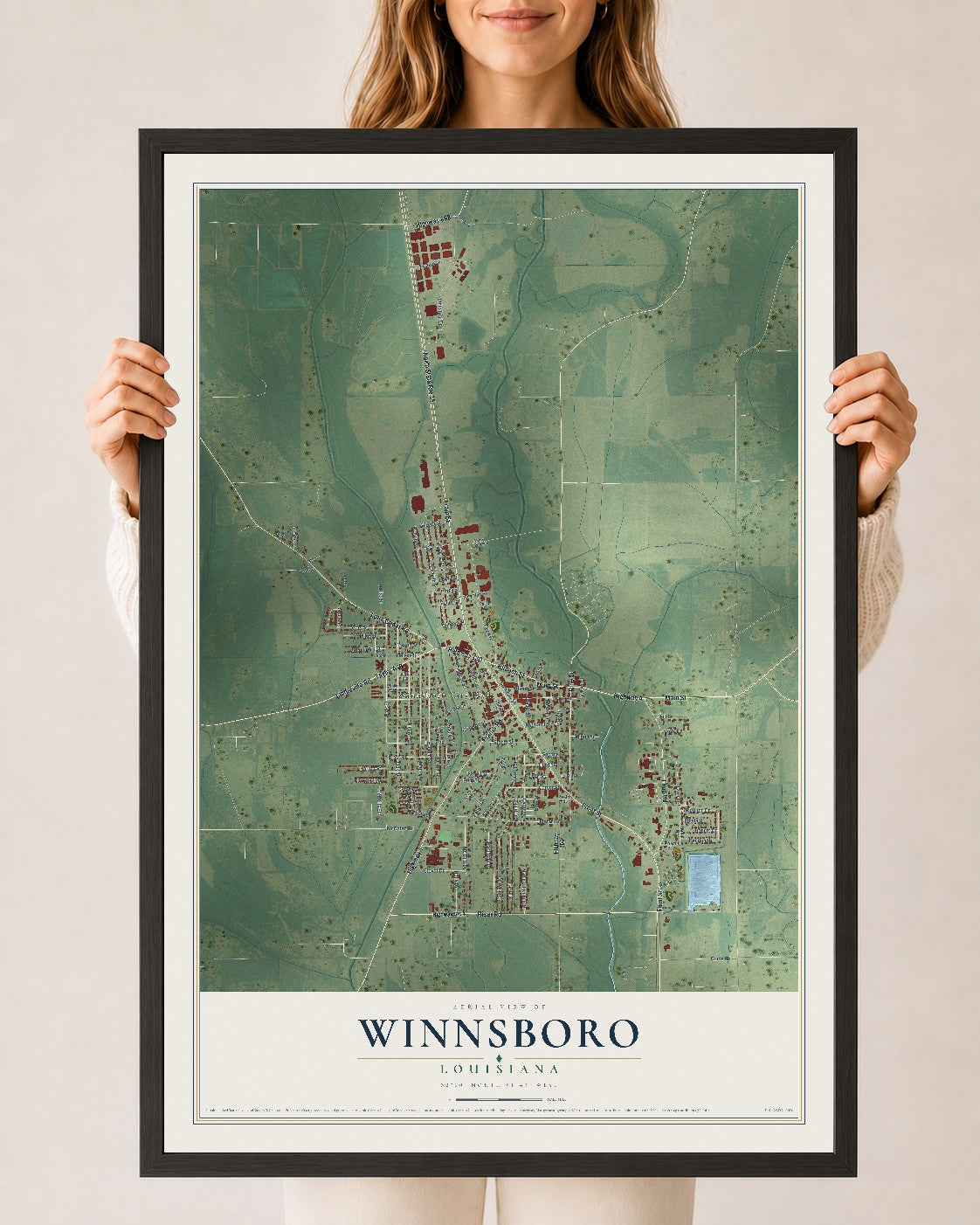 Map of Winnsboro, Louisiana, 24 x 36 inch print in a black wood frame