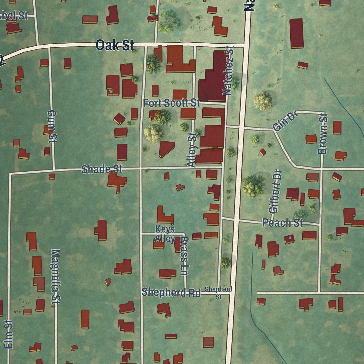 Close-up of the map of Wisner, Louisiana print showing street and building detail