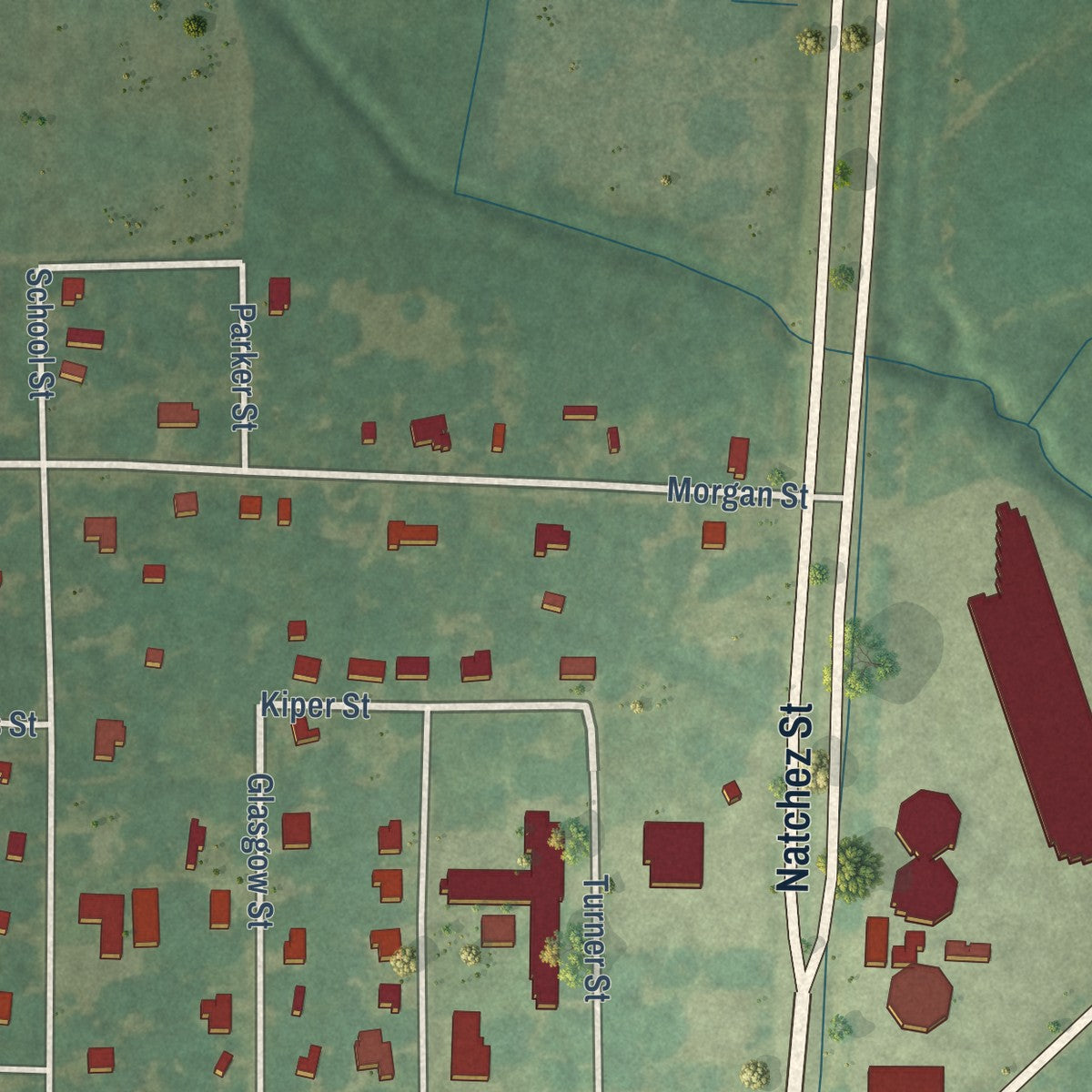 Second close-up of the map of Wisner, Louisiana print showing more streets and buildings