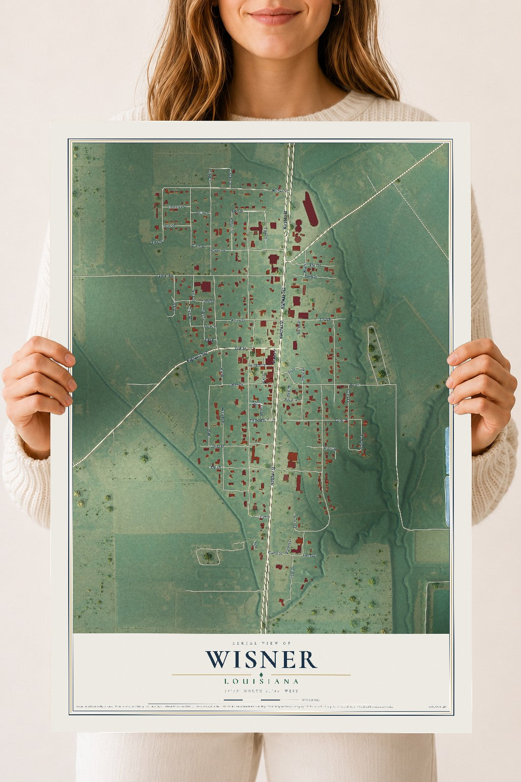 Map of Wisner, Louisiana, 18 x 24 inch unframed archival matte print