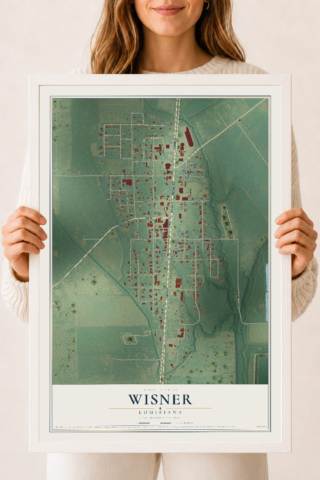 Map of Wisner, Louisiana, 18 x 24 inch print in a white wood frame