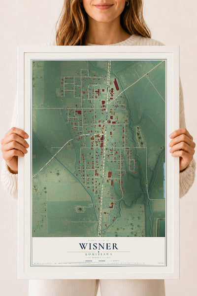 Map of Wisner, Louisiana, 18 x 24 inch print in a white wood frame