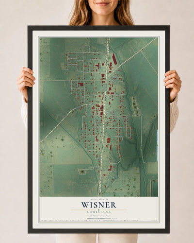 Map of Wisner, Louisiana, 24 x 36 inch print in a black wood frame