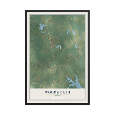 Map of Woodworth, Louisiana, 12 x 18 inch print in a black wood frame
