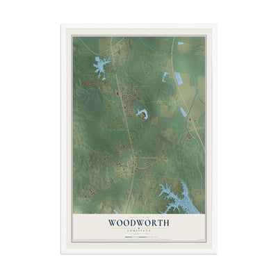 Map of Woodworth, Louisiana, 12 x 18 inch print in a white wood frame
